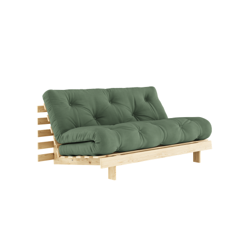 sofa ROOT natural pine (pohovka z borovice) - Barva: karup natural, rozměr: 160*200 cm, barva futonu: olive green 756