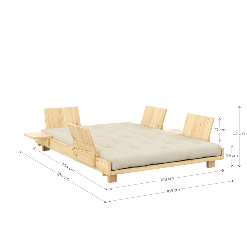 sofa SOCIAL natural pice (pohovka z borovice) - barva: natural (lak), rozměr: 140x200x15 cm + 2 opěrná čela a 2 boční stolíky, barva futonu: beige 747